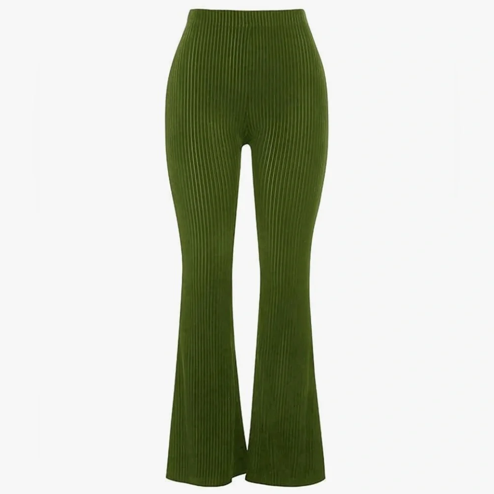 Groovy✌️High-Waisted Green Velvet Flare Stretchy Pants - Picture 4 of 8